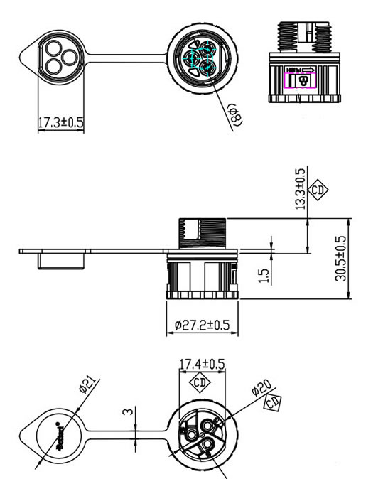 CO1B-OMC-C Einbaustecker (Panel Mount)